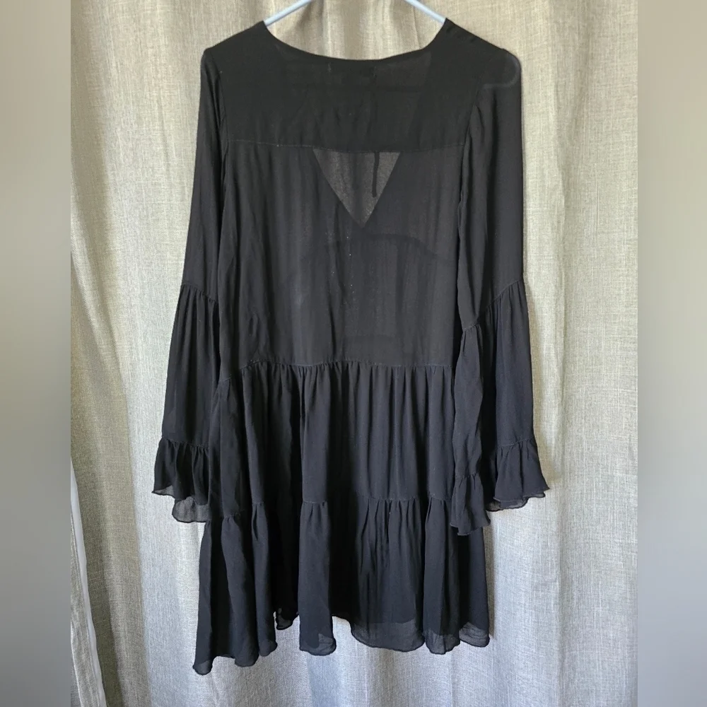 Young Fabulous Broke Sheer Long Sleeve Tiered Dress Black V Neck Size S - Picture 2 of 5